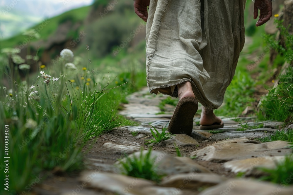 A serene scene of Jesus Christ walking on a stone path, surrounded by nature and greenery. Spiritual, religious, and enlightenment concepts. A serene scene of Jesus Christ walking on a stone path, surrounded by nature and greenery. Spiritual, religious, and enlightenment concepts.