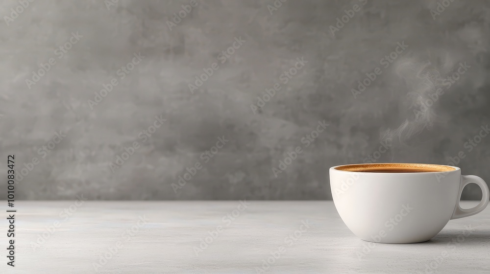 Hot Coffee Cup with Steam on White Table and Gray Background Minimalist Design Hot Coffee Cup with Steam on White Table and Gray Background Minimalist Design