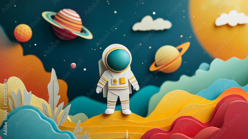 A papercraft astronaut stands on a colorful landscape, gazing at the stars and planets in the night sky A papercraft astronaut stands on a colorful landscape, gazing at the stars and planets in the night sky