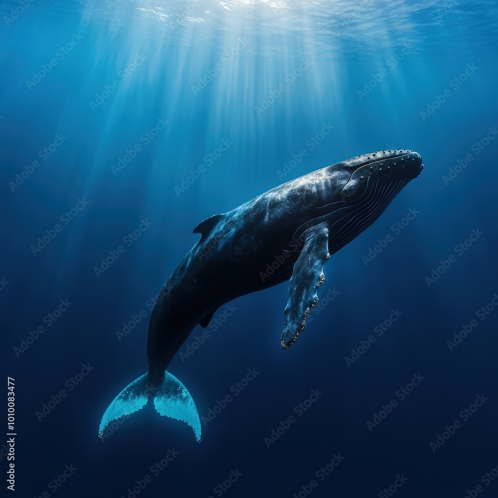 Fototapeta premium Humpback Whale Swimming in Sunlit Ocean Waters