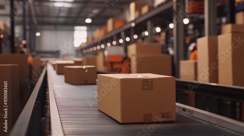 Boxes on Conveyor Belt in Warehouse Storage Facility