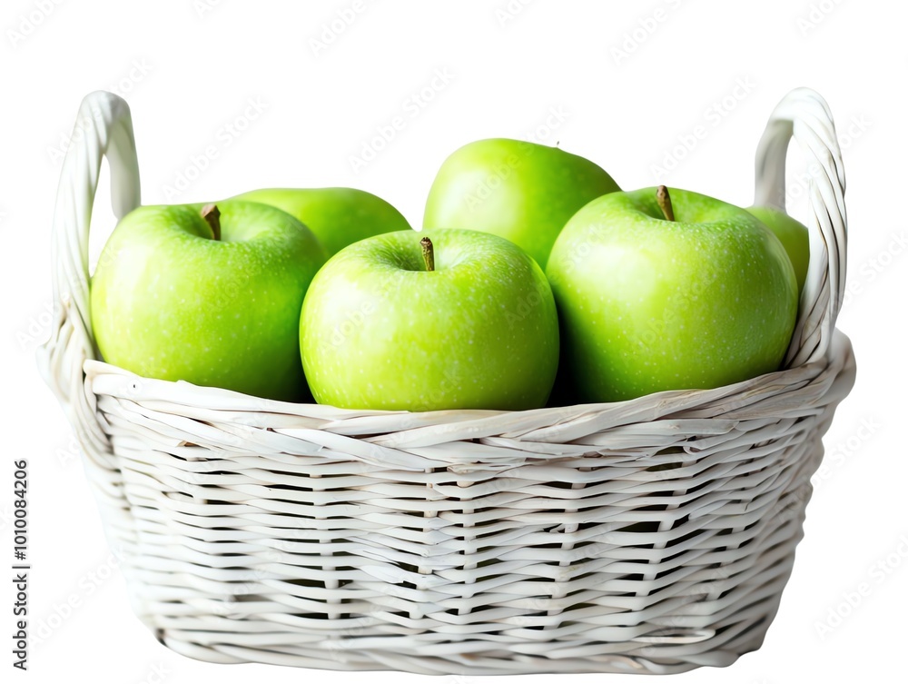 Fresh green apples in a white wicker basket on a white isolated background. Fresh green apples in a white wicker basket on a white isolated background.