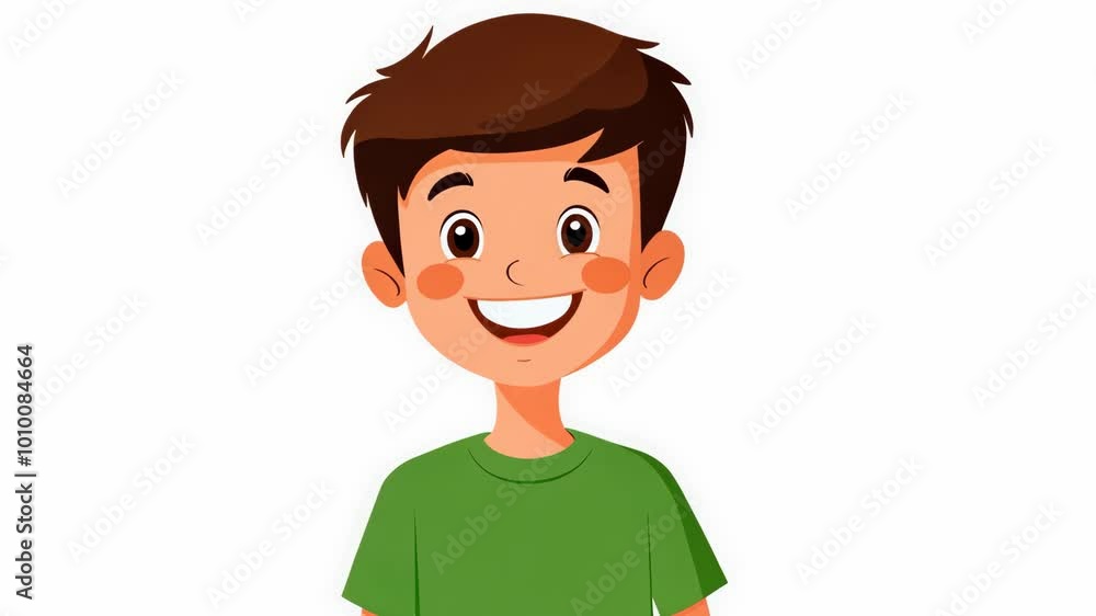A young boy with brown hair is smiling at the camera while wearing a green shirt A young boy with brown hair is smiling at the camera while wearing a green shirt