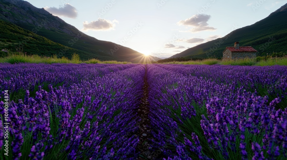 Fototapeta premium Lavender field at sunset in the mountains