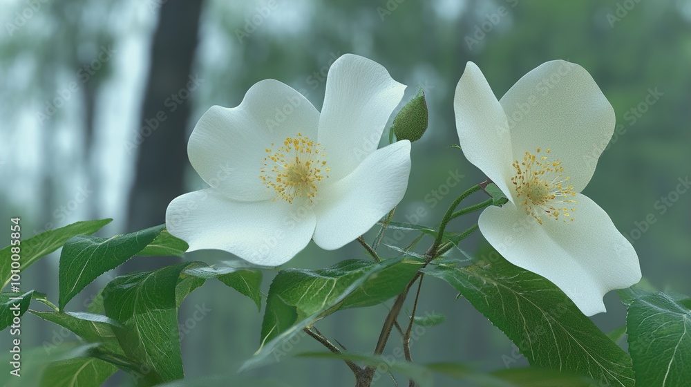 Obraz premium Delicate White Flower with Green Leaves - Nature Photography