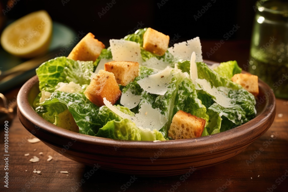 Close-Up of Caesar Salad with Croutons, Parmesan, and Lettuce in a Wooden Bowl Close-Up of Caesar Salad with Croutons, Parmesan, and Lettuce in a Wooden Bowl