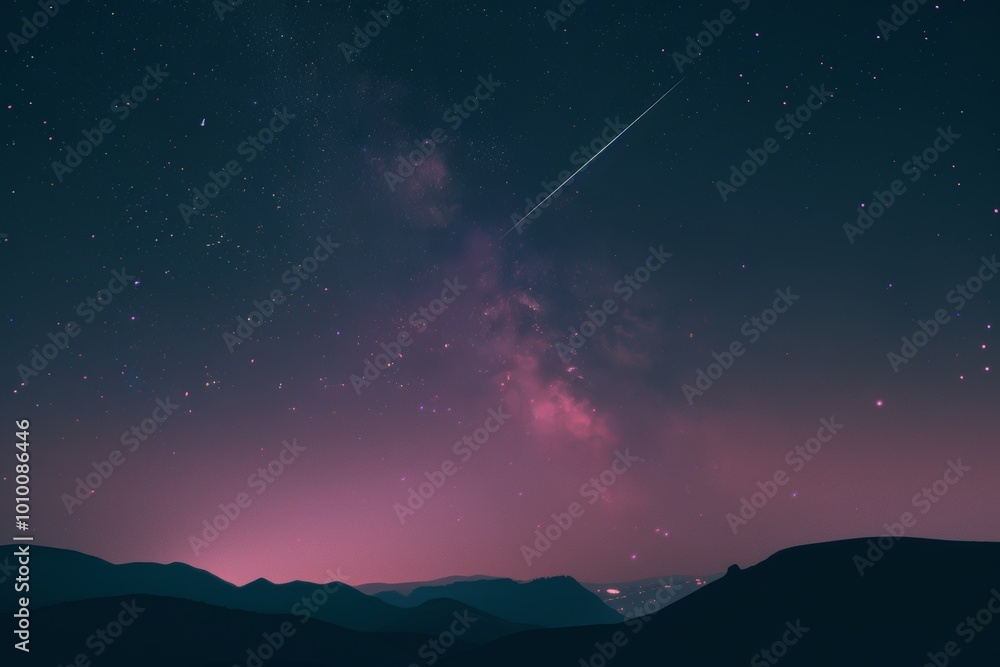hyper realistic photo, Night Sky, shooting stars, shot from a mountain over a distant vibrant city hyper realistic photo, Night Sky, shooting stars, shot from a mountain over a distant vibrant city
