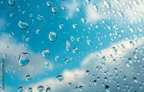 Water droplets on glass with a clear blue sky in the background.