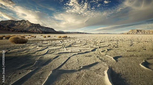 The cracked earth of the dry lakebed stretches out under a blue sky in Death Valley National Park