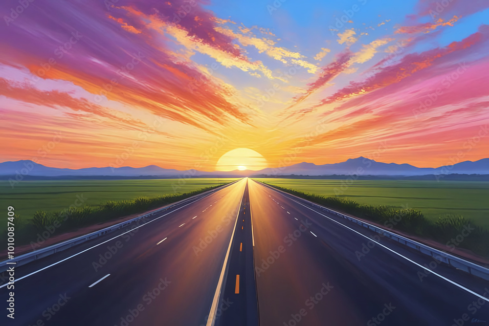 Naklejka premium Digital oil painting of Empty country road at dusk long open road stretching out far away into the distance ,highway drive with beautiful sunrise landscape