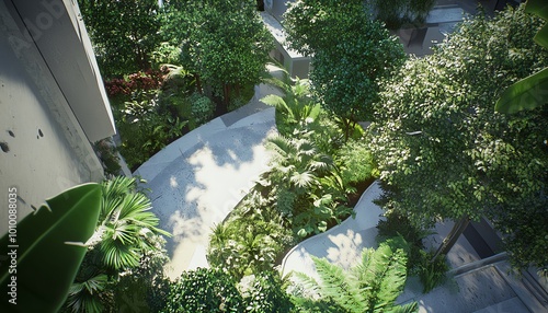 Worms-eye view of a vibrant urban garden, lush greenery emerging from concrete, a celebration of nature in the city