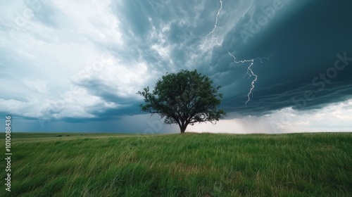 Lone tree in stormy field landscape