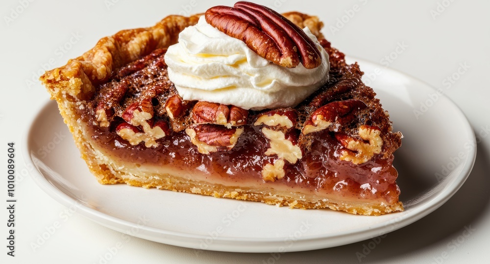 Delicious pecan pie with whipped cream topping Delicious pecan pie with whipped cream topping