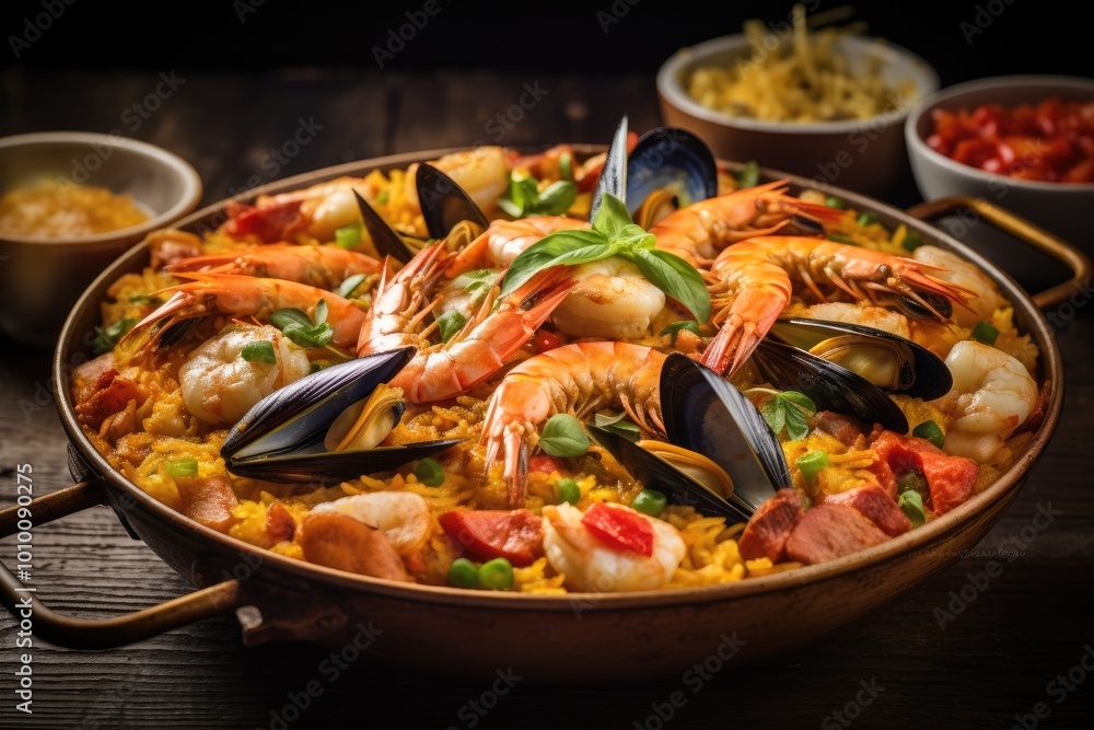 A Close-Up of a Plate of Paella with Shrimp, Mussels, and Vegetables A Close-Up of a Plate of Paella with Shrimp, Mussels, and Vegetables