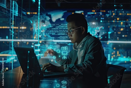 A programmer using a laptop with data code and analytics, illuminated by a futuristic screen, city lights in the background.