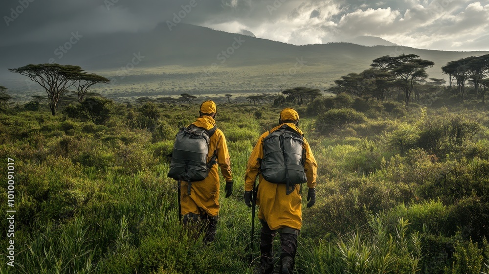 Adventurers Trekking Through the Vast African Wilderness Adventurers Trekking Through the Vast African Wilderness