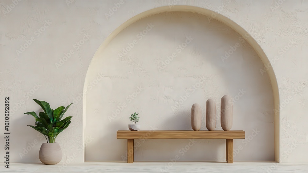Minimalist Living Room Design with Arched Wall and Wooden Bench Minimalist Living Room Design with Arched Wall and Wooden Bench