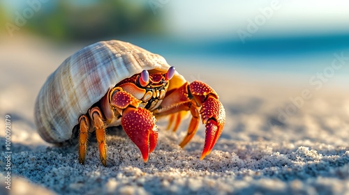 A vibrant hermit crab on a sandy beach with a blurred ocean background.