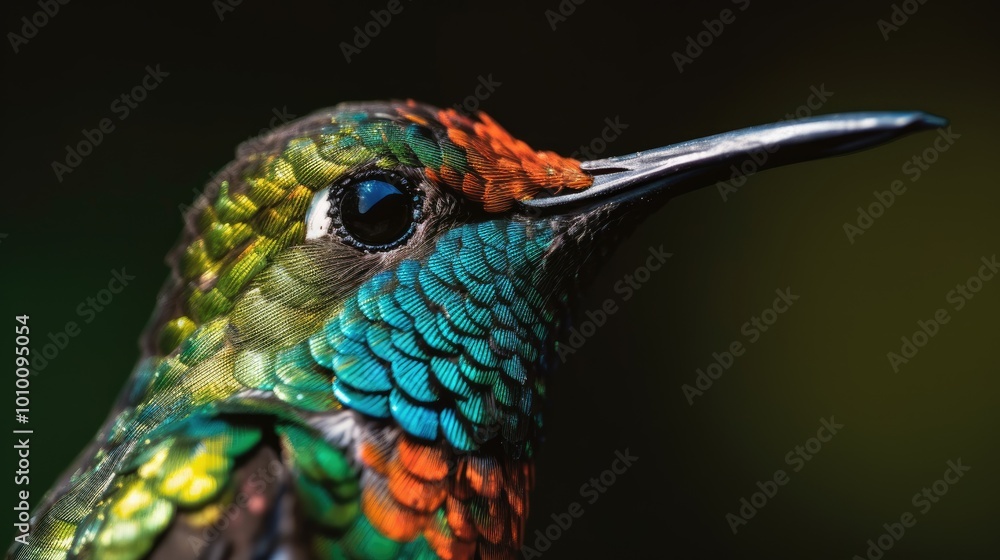 Obraz premium Close-up of a Hummingbird's Head with Vivid Green, Blue, and Orange Feathers