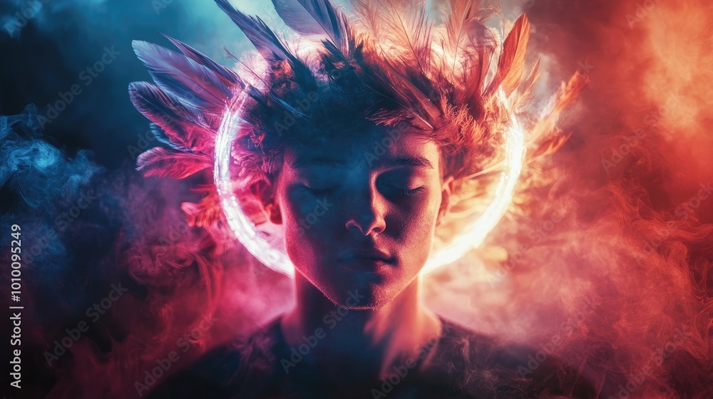 Fototapeta premium Man with Closed Eyes Surrounded by Feathers and a Glowing Halo in a Smoky Setting
