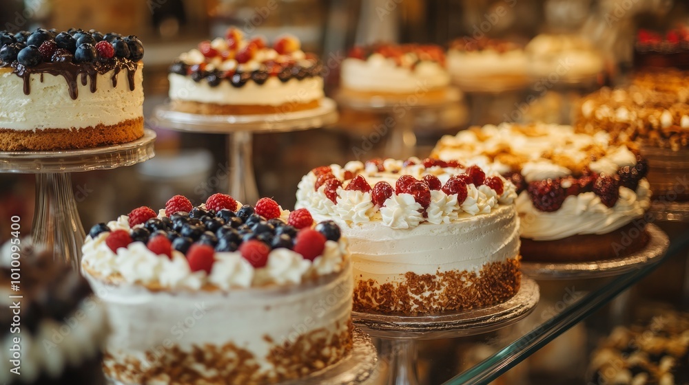 A display of various cakes with fresh fruit toppings, displayed in a bakery window. A display of various cakes with fresh fruit toppings, displayed in a bakery window.