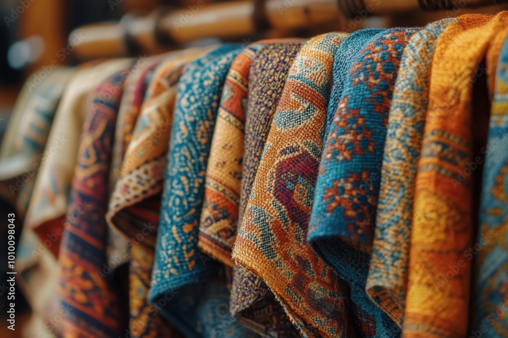 Colorful patterned fabric hanging on display. Colorful patterned fabric hanging on display.
