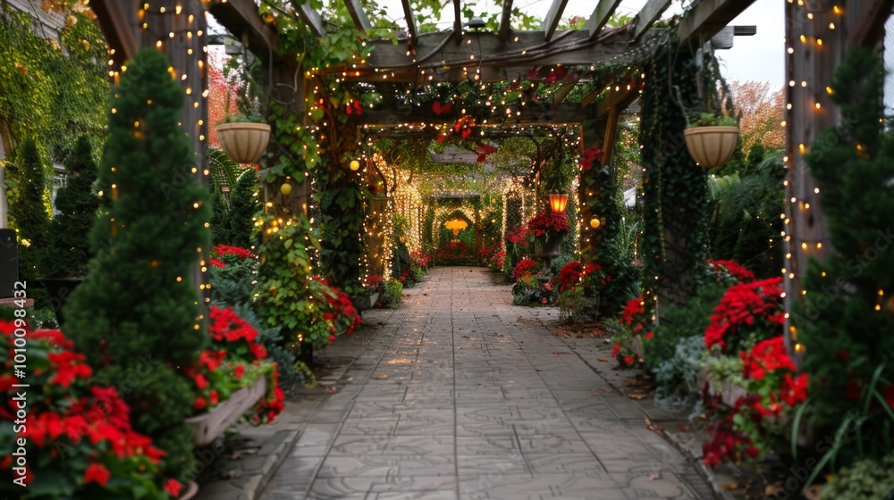 Fototapeta premium A mesmerizing pathway in a garden, adorned with vibrant red flowers and festive string lights, creating a magical and serene atmosphere perfect for a festive season stroll.