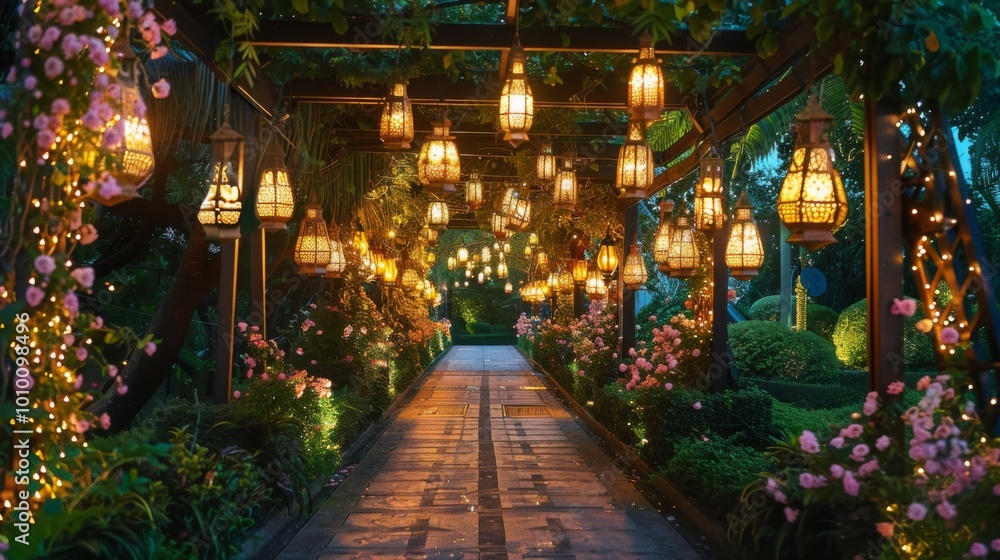 A delightful walkway illuminated by warm hanging lanterns, surrounded by lush greenery and delicate flowers, setting a romantic and serene ambiance suitable for a peaceful evening stroll. A delightful walkway illuminated by warm hanging lanterns, surrounded by lush greenery and delicate flowers, setting a romantic and serene ambiance suitable for a peaceful evening stroll.