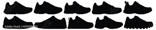 Shoes silhouettes set, footwear pack of vector silhouette design, isolated background.