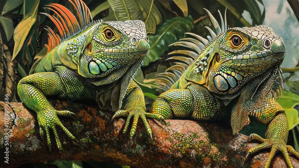 Two vibrant iguanas perched on a branch amidst lush greenery. Two vibrant iguanas perched on a branch amidst lush greenery.