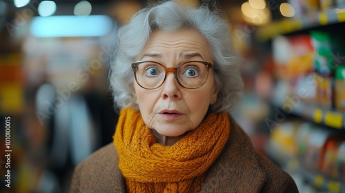 Surprised Elderly Woman in a Grocery Store