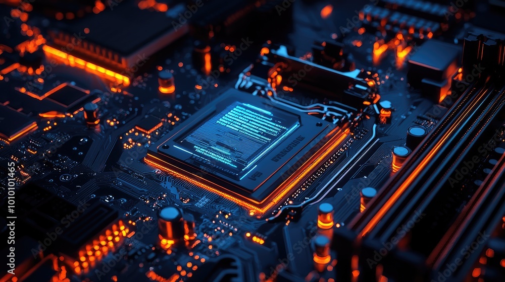 Close-up of a glowing computer motherboard with a processor in the center