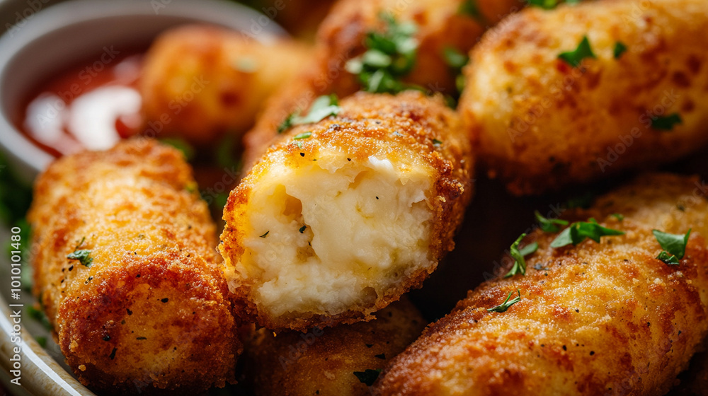 Golden Crispy Croquettes: Close-up of Breaded Potato and Cheese Bites with Fresh Herbs Golden Crispy Croquettes: Close-up of Breaded Potato and Cheese Bites with Fresh Herbs