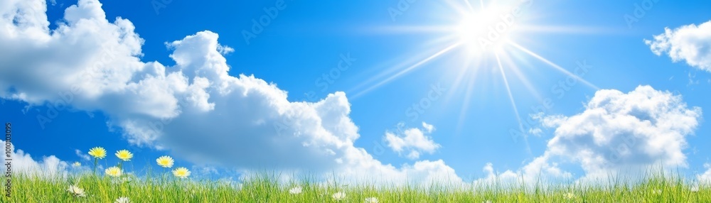 Sunny Day with Blue Sky White Clouds and Green Grass Sunny Day with Blue Sky White Clouds and Green Grass