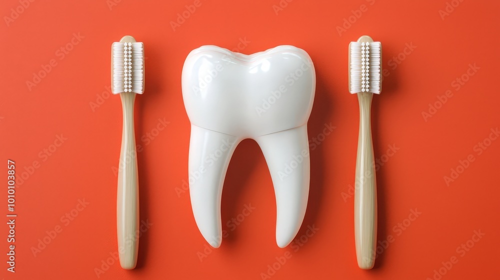 Healthy Tooth with Toothbrushes on Red Background Healthy Tooth with Toothbrushes on Red Background