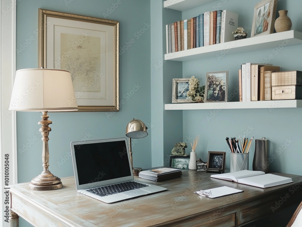 Elegant Home Office with Laptop, Bookshelves, and Classic Decor, Stylish Workspace for Focus and Creativity Elegant Home Office with Laptop, Bookshelves, and Classic Decor, Stylish Workspace for Focus and Creativity