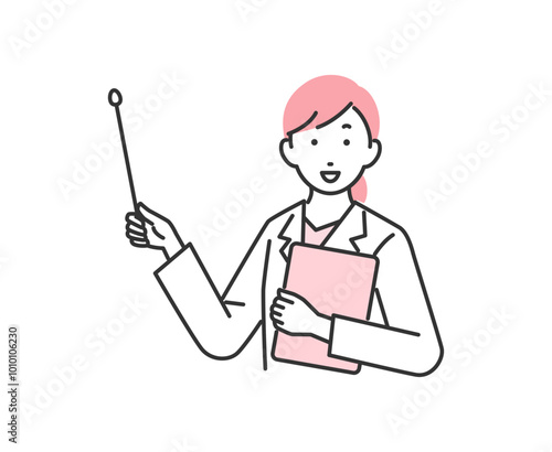 指示棒を持って説明をしている女性医師のイラスト