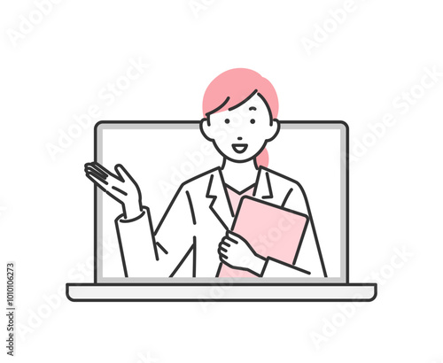 オンライン診療をしている女性医師のイラスト