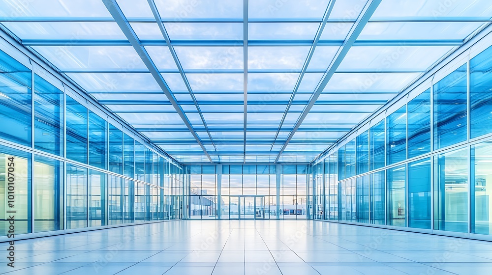 Sleek glass architecture with reflective surfaces and symmetrical lines, creating a modern, open-space design. Sleek glass architecture with reflective surfaces and symmetrical lines, creating a modern, open-space design.
