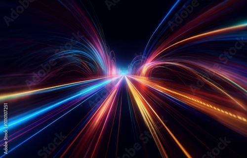 Abstract colorful streaks of light on a black background create a sense of speed and movement.