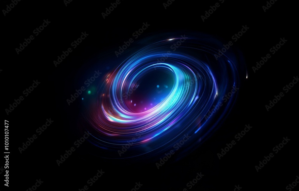 Naklejka premium A glowing blue and purple circular pattern rotates on a dark background.