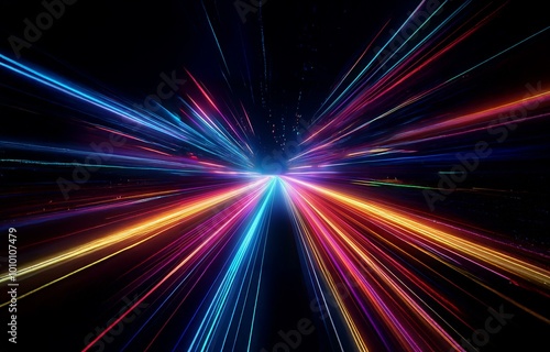 A dark background with colorful streaks of light extending outward from a central point.