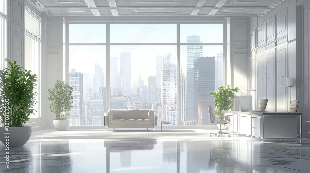 Fototapeta premium Modern Office Interior with City View and White Decor