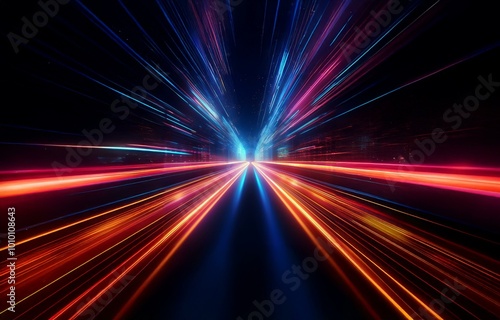 A dark background with streaks of red  orange  blue  and purple light.  The light streaks are thin and bright  with the red and orange being the most prominent.