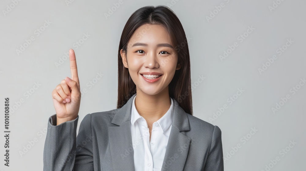 photograph of Happy young Asian business woman in blazer pointing finger up isolated on white background photograph of Happy young Asian business woman in blazer pointing finger up isolated on white background