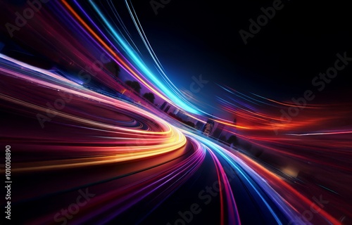 Abstract image of colorful blurred streaks of light against a dark background.