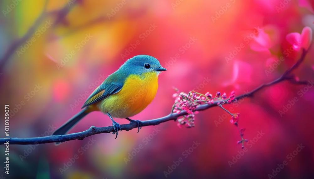 A colorful bird perched on a branch against a vibrant, multicolored background, showcasing a blend of blue, yellow, and orange hues. A colorful bird perched on a branch against a vibrant, multicolored background, showcasing a blend of blue, yellow, and orange hues.