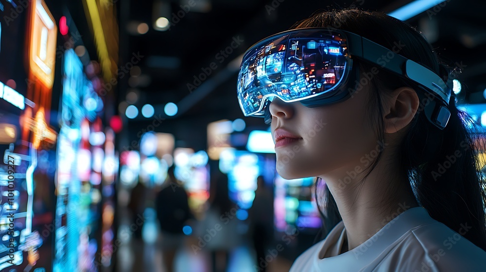 A woman immersed in virtual reality explores a digital world, where technology and imagination collide. A woman immersed in virtual reality explores a digital world, where technology and imagination collide.