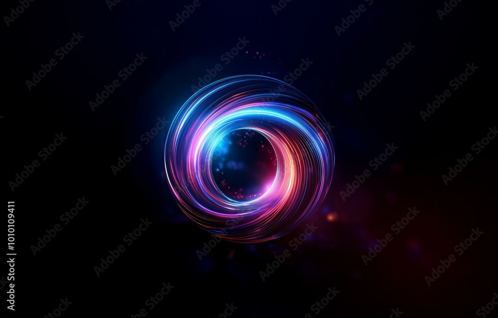 A glowing neon blue and red light trail circles around a black void. A glowing neon blue and red light trail circles around a black void.
