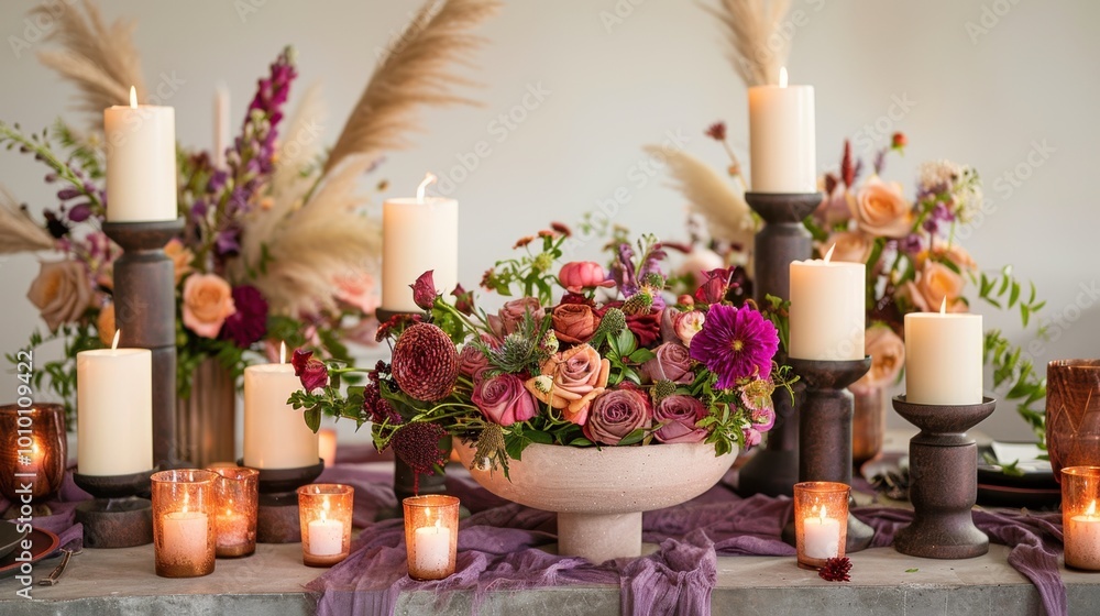 Elegant Floral Arrangement with Candles and Decor Elegant Floral Arrangement with Candles and Decor